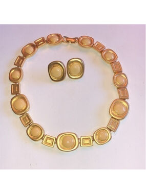 Vintage Satin Gold Tone & Cream Ivory Enamel Necklace & Pierced Earring Set